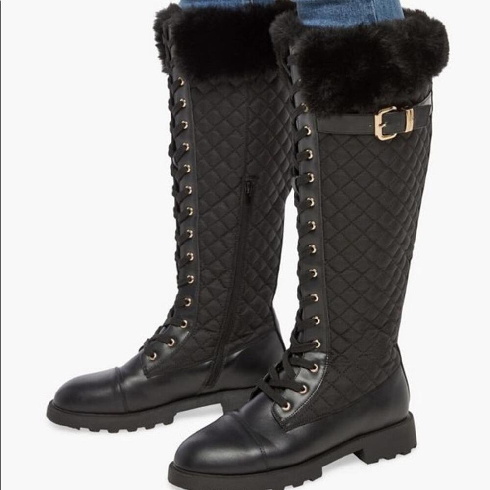 JustFab Kalima Quilted Flat Black Knee Height Boots Size 6 NIB